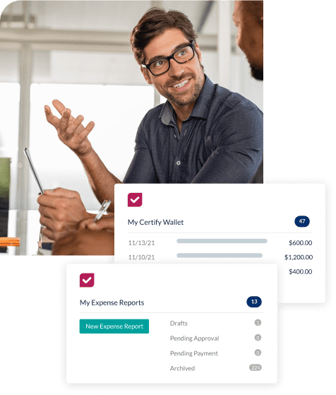 Happy person discussing expense reports on Certify