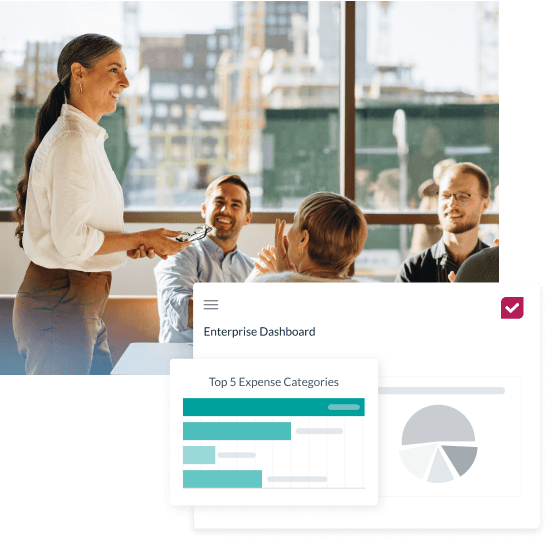 Meeting where leaders are utilizing Emburse Certify Enterprise dashboard